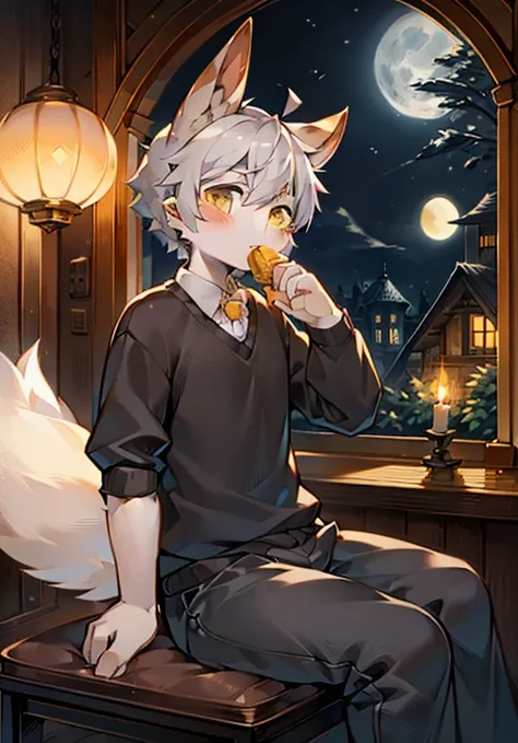 Brown bunny，cute，Handsome，boy，Big furry tail，Silver hair，Golden Eyes，Sitting by the window，Moon Viewing，Big full moon，Eating mooncakes，Wearing clothes，Rabbit ears，Rabbit Tail，Brown fur，Detailed background，masterpiece