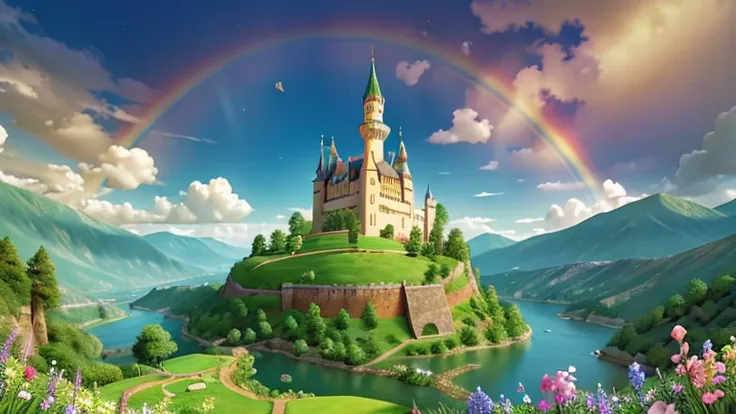 A castle in a valley, surrounded by vegetation with grass and many flowers with a rainbow in the background.