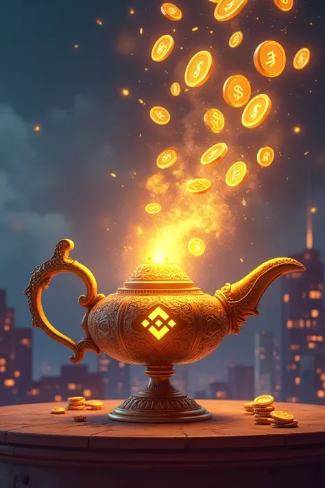 An Aladdin-style magic lamp with the Binance logo, emitting a golden glow. From the lamps spout, a stream of coins emerges, transforming from SOL to BNSOL mid-air. The BNSOL coins are visibly larger and more radiant. In the background, a cityscape represen...