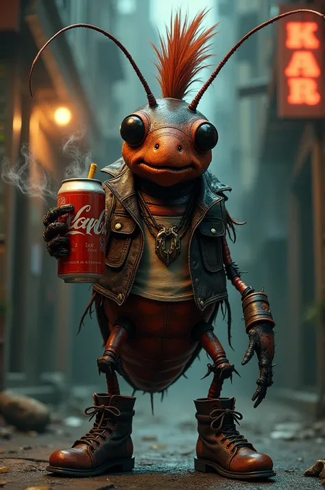 A punk cockroach, holding a beer, with a mohawk and boots, wearing a leather vest, smoking a cigarette 