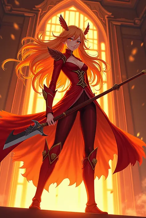 a girl, de 1,72 tall, eyes the color of flaming fire, long hair made of the lava element, Igual ao da teka de my hero, in red palace guard uniform, with feathered wings, with a stick with a blade on top, full body in position 3/4, 2D.