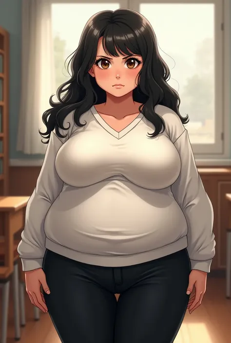 A  overweight Albanian girl she is wearing a tight white sweater with black pants her chest is very big she has a small double chin has very big breasts thick legs she has a beautiful face but she looks annoyed she has black wavy hair she looks young and i...