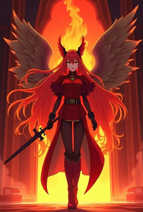 a girl, de 1,72 tall, eyes the color of flaming fire, long hair made of the lava element, Igual ao da teka de my hero, in red palace guard uniform, with feathered wings, with a stick with a blade on top, full body in position 3/4, Simple 2D for animation.