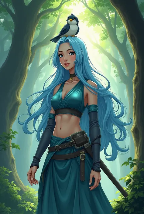 She had a long pale blue hair and black eyes, she is a warrior and had a little monster that looks like a little bird in her head. Make the background a forest and mature. Make it a manhwa art style like 2d character. Make it a waist length size