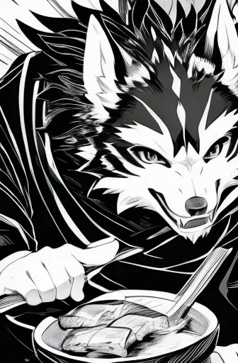 black and white comics、japanese manga、monochrome、 comical werewolf in a long-sleeved black shirt、delicious meat right in front o...