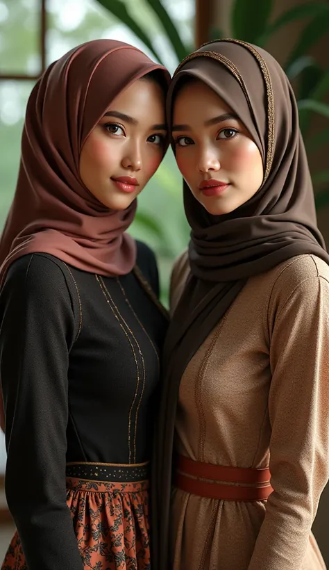 Two hijab girl Malaysian and Indonesian, beautiful, big breast, big butt, full body, hd quality, masterpiece, reality, exotic skin