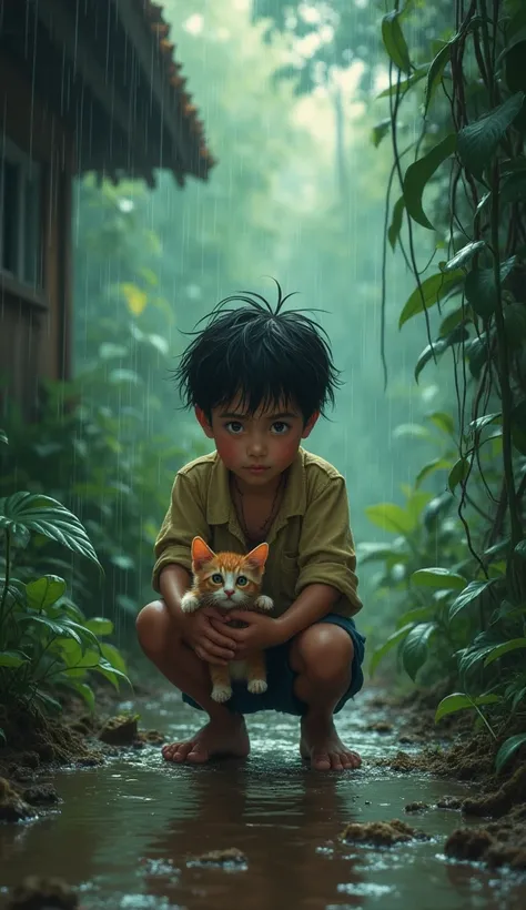 The little kitten got lost in the mid of jungle during heavy rain 
Suddenly a boy came and bring the kitten with him into house