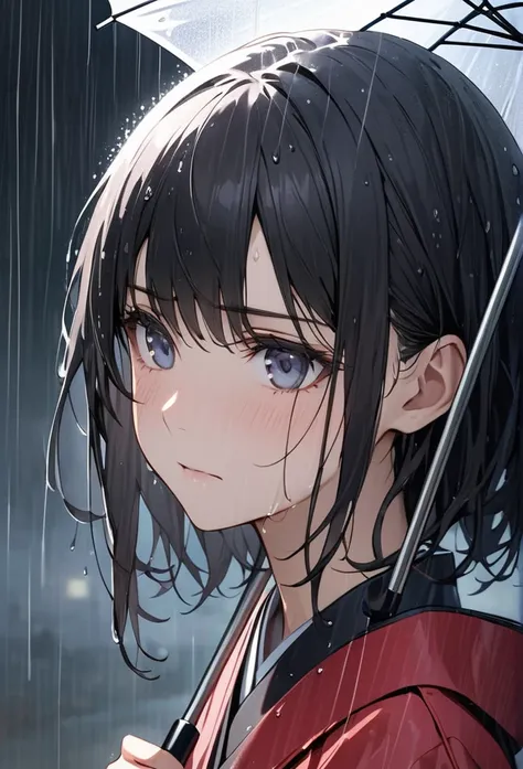 Upper body close-up（((masterpiece), on)"""Perfect face, short black hair, wet hair, beautiful eyes, Japanese, clean facial features, standing in the rain, holding an umbrella, confessing with a slightly anxious expression. Wet hair falls across her face, w...