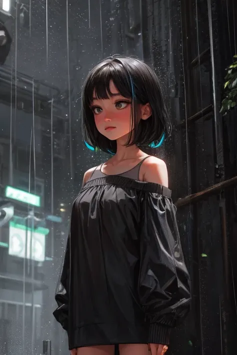 ultra-detailed, vibrant colors, soft natural lighting, fine art, bokeh effect. upper body, casual outfit, medium shot, big eyes, huge eyes, ((standing)), ((raining:1.4)), under the rain, ((gray colours:1.5)), ((at night)), ((dark atmosphere:1.5)), ((small ...