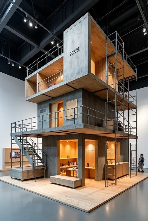 An architectural exhibition stand made with materials such as: scaffolding, irons, boxes and that this stand is in a room
