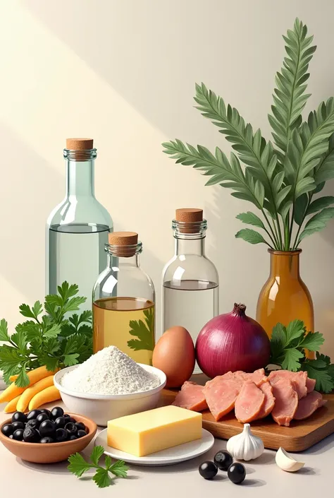 create images of these ingredients next to each other: 
flour butter water egg salt sugar chicken red onion garlic black olives parsley cheese olive oil breaded sausage 
