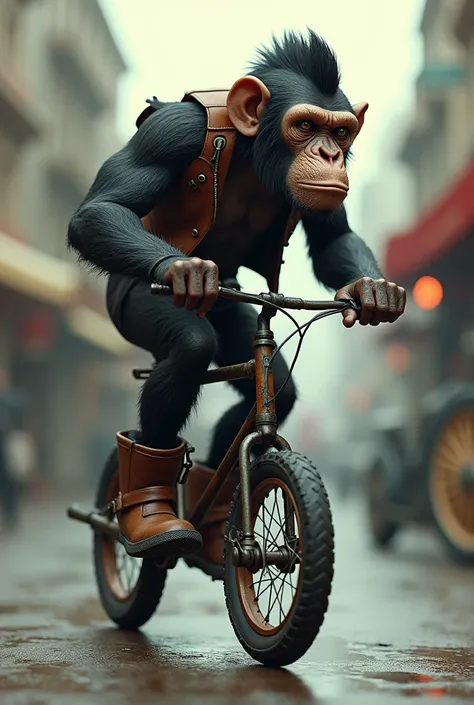 A punk chimpanse with a mohawk, riding a unicycle, wearing a leather vest, wearing boots, side view