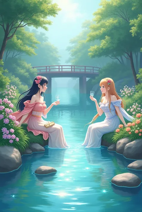 beautiful waiffu anime girls setting in river  