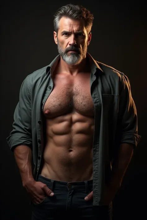 sexy AND handsome man in a open shirt and black pants,  50 years old, sexy daddy, big muscles, Tall and muscular, watching to the cámara, hairy chest, pubic hair, large penis, sexy face, dark background