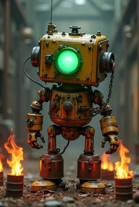 claptrap steampunk, one eye in the center of the head with a green light in it, damaged bodywork, an ignited bomb in his hand and other bombs around