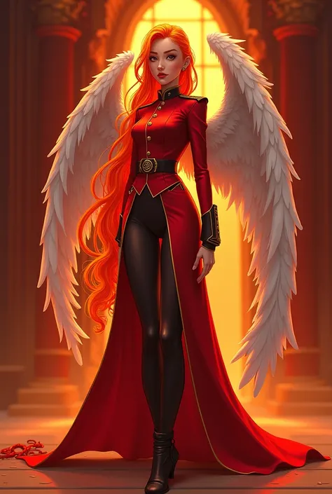 a girl, de 1,72 tall, long hair made of the lava element, Igual ao da teka de my hero, in red palace guard uniform, with feathered wings, full body in position 3/4, Simple 2D for animation.