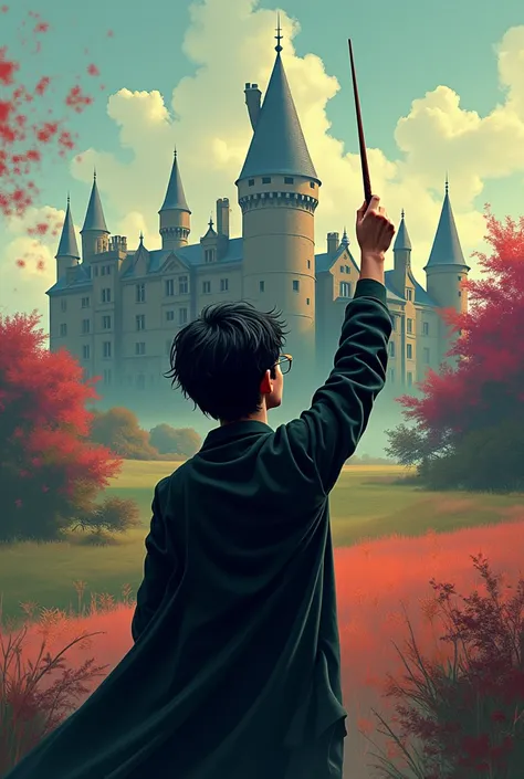 Harry Potter with his back turned looking at Castle Howard raising his wand, the image with color palette"Dadaism"
