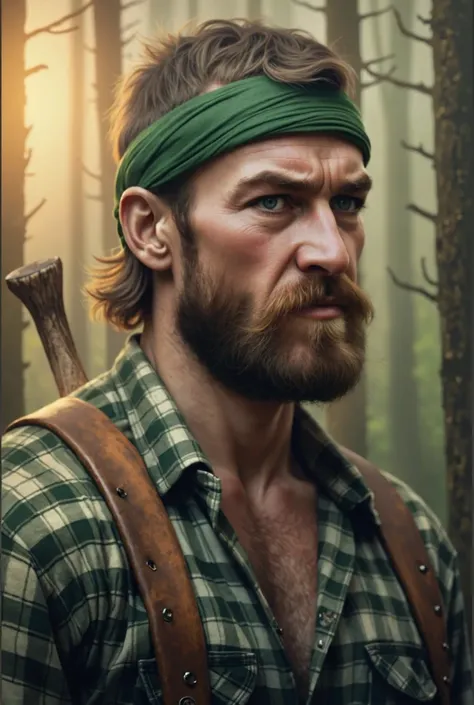 Lumberjack with a bearded mountain man persona, green bandana headdress, gripping an ax, amidst a misty forest at sunset, face perfect with expressive eyes, thin yet muscular build, oil painting style, sunset hour lighting, high-resolution digital painting...