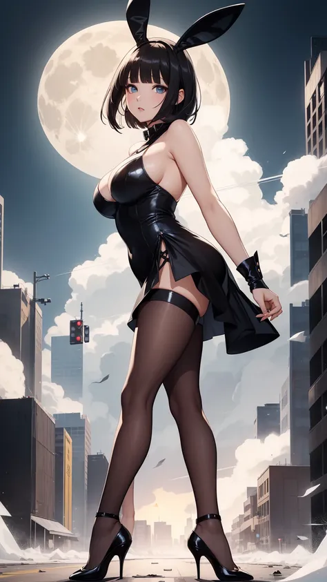 Highest quality, flying debris、Beautiful woman、office lady、Black Hair、(Dark blue eyes、Blunt bangs、Blunt bangs)、short hair、break((Bunny girl))、((full moon))、(Big Breasts)、break((Black high heels:1.2))、Yellow and black theme