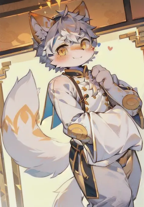 Cat Boy，Q version，Lovely，Hair all over，Big furry tail orange white fur，Silver Hair，Sparkling golden eyes，Hanfu，Chinese-style palace，blush，Smile，