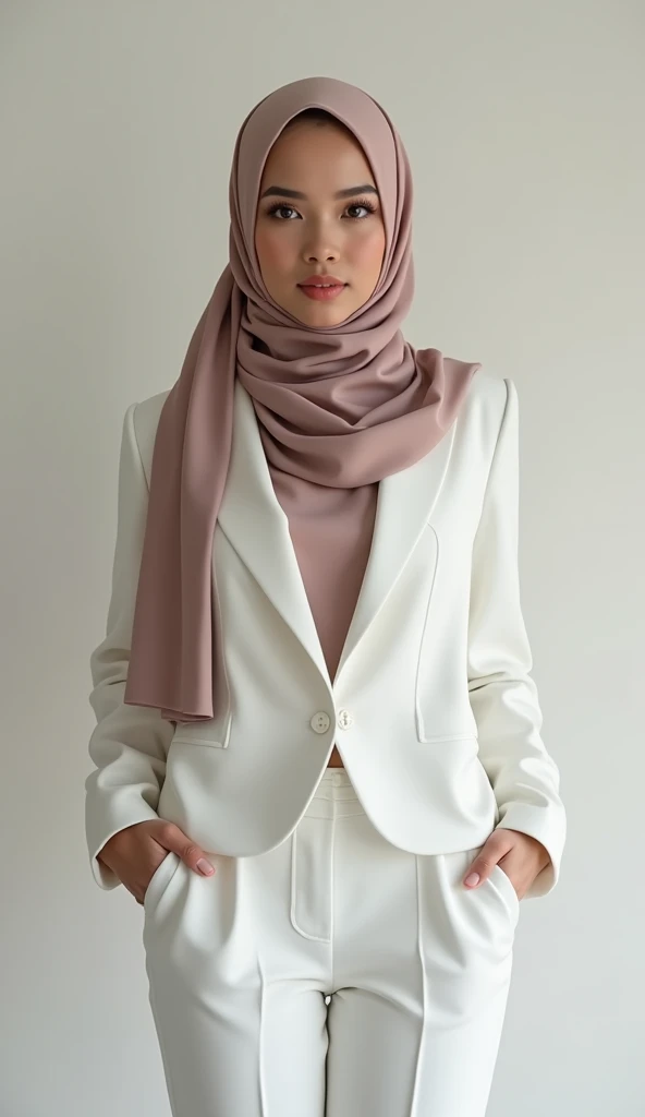 Highest quality, masterpiece, 8k, Ultra-high resolution, Realistic , big, Perfect figure, White suit pants, panty lines, hijab girl malaysian