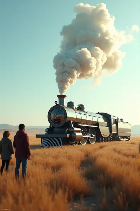 The mysterious person turns on the machine, and futuristic images start appearing in the air above it, like holograms. First, a scene shows a steam locomotive (train) made of iron, moving at high speed across open fields, astonishing everyone. The train is...