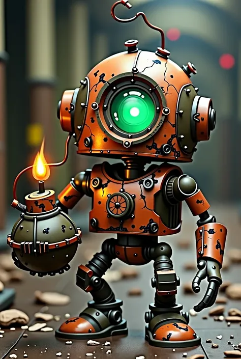 claptrap steampunk, one eye in the center of the head with a green light in it, damaged bodywork, holding an ignited bomb in his hand, wick coming out of the head