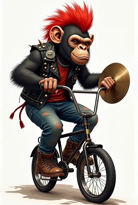 A punk chimpanse with a red mohawk, riding a one wheeled unicycle, playing cymbals, wearing a leather vest with spikes and badges, wearing boots, side view
Playing cymbals 