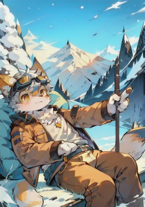 Snow mountain background，Brown jacket，White male cat，Boys，Lovely，Q version，goggles，Big furry tail，Furry cushions，Mountaineering，Golden Eyes，Silver Hair，Detailed background