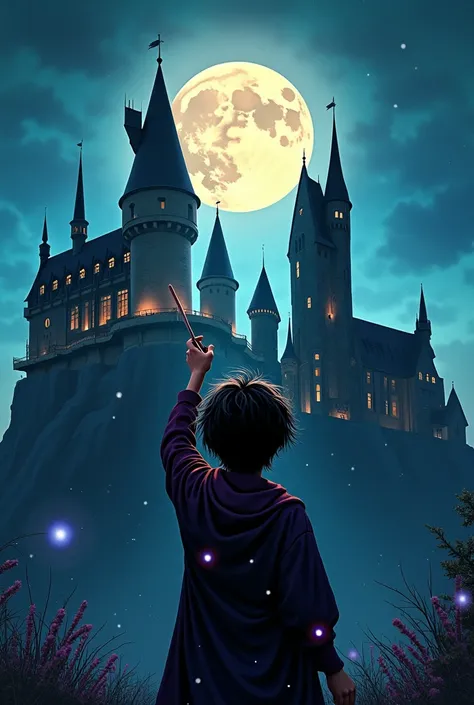 Harry Potter from behind looking at Howard&#39;s Castle at night with the moon, raising his wand making a spell the image with color palette"Dadaism"
