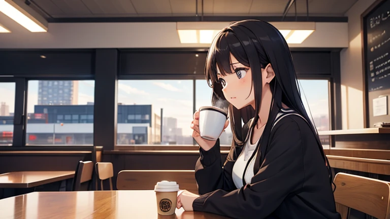 A female college student wearing a cardigan、Scene of people enjoying coffee in urban cafe。City buildings spread out in the background、A composition depicting a relaxing holiday moment。