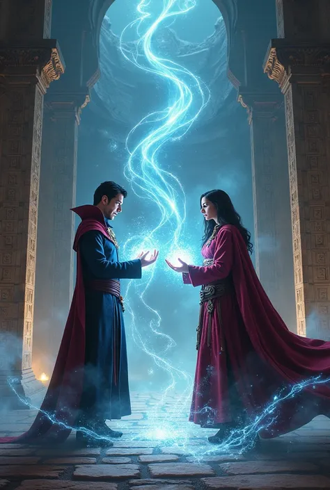  Doctor Strange, his hands glowing with magical energy, stands across from Zatanna, casting spells with her wand, both surrounded by swirling magical auras in an ancient, mystical temple.