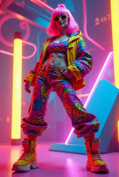 Ek vibrant aur energetic digital artwork jisme Masha ko ultra funk style mein dikhaya gaya hai. Uski outfit bold aur colorful hai, vibrant neon shades mein, aur funky patterns ke sath. Uski pose dynamic aur confident hai, ek funky dance move kar rahi hai. ...