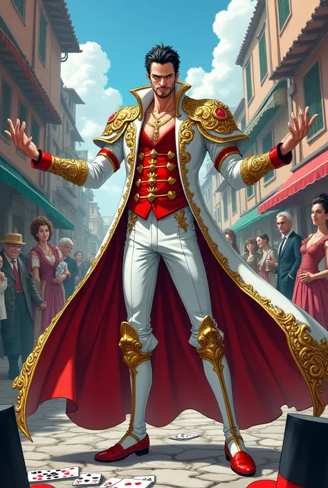 A street magician wearing armor and at the same time having reference to his cards on the clothes, decks, top hats, your clothes are white with red, and he is a magician of the kingdom, or a nobleman, one piece anime style drawing