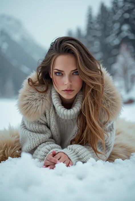 create an image of supermodel in WINTER OUTFIT, glowing skin, sitting in a snow pile, proportional tall model, iconic lay down stance,chin up, low angle shot, front light, lay on grizzly belly