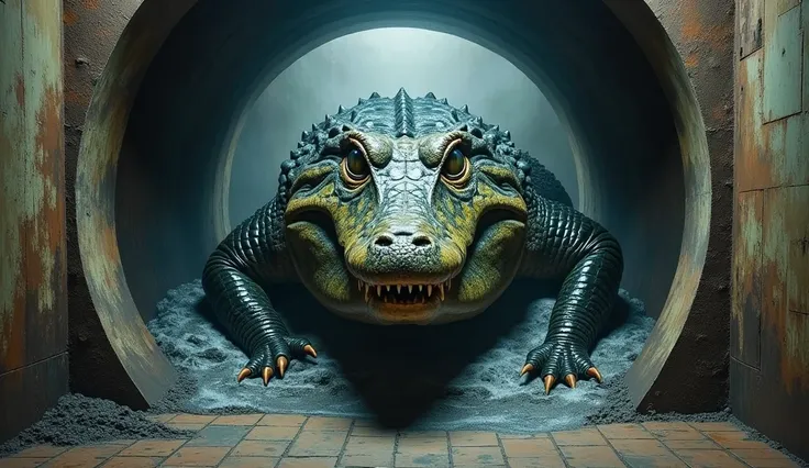 Trompe-l&#39;oeil mural of giant crocodile emerging from sewer，Dramatic shadow lighting，Lively and fun atmosphere，front view，Capture the focal length of the subject and the mural，Well-exposed image，Clarity,HD，超HD