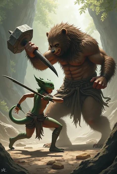 Small Lizard girl fighting with bear boy with weapons 

