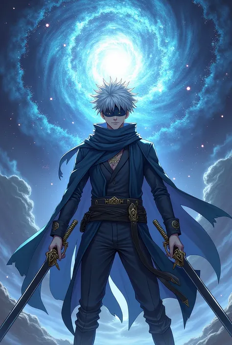 Create an anime cherecter boy
With white hair 2 soward and magics with a multivers theme backgroud and a blindfold in eyes anime type like gojo