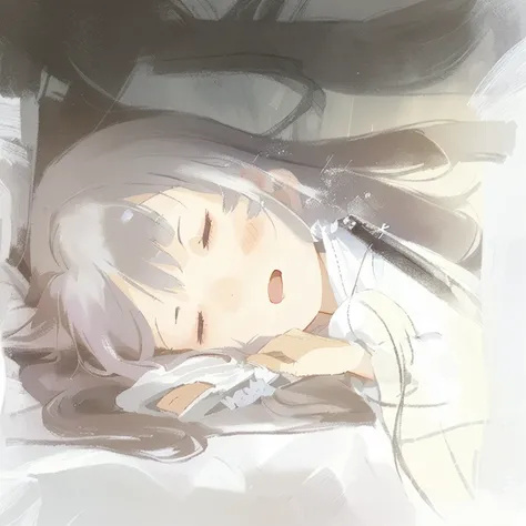 drawing of a woman with long hair and a white shirt, sketch of a lucid dream, blurry and dreamy illustration, soft anime illustration, dreaming face, sleeping princess!!!!, blurred and dreamy illustration, drawn with photoshop, faded drawing, digital drawi...