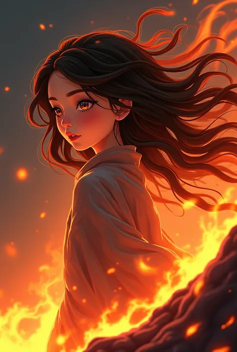 a girl,  long hair imitating lava, in position 3/4, Simple 2D for animation.