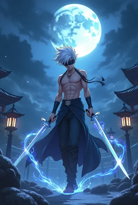 Create an anime cherecter boy
With white hair 2 soward and magics with a moon theme backgroud and a blindfold in eyes anime type like gojo