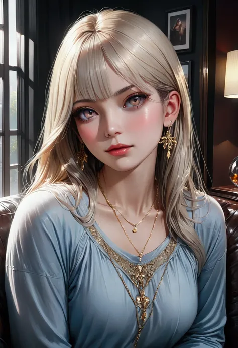 a woman with long smooth straight white hair, white eyes, sitting in casual clothes, (best quality,4k,8k,highres,masterpiece:1.2),ultra-detailed,(realistic,photorealistic,photo-realistic:1.37),detailed eyes, detailed lips, extremely detailed face, long eye...