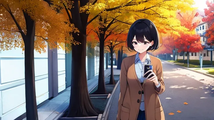 A female college student wearing a cardigan walking through the city streets in autumn。Fallen leaves are falling all around.、The scene shows her enjoying her day off, walking and smiling while looking at her smartphone.。