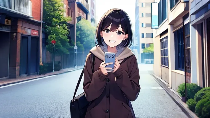 A female college student wearing a cardigan walking through the city streets in autumn。Fallen leaves are falling all around.、The scene shows her enjoying her day off, walking and smiling while looking at her smartphone.。