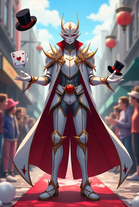 A street magician wearing armor and at the same time having reference to his cards on the clothes, decks, top hats, your clothes are white with red, one piece anime style drawing, teenager has mask on his face