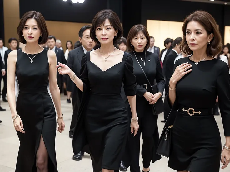 ,color々なcolor,60 years old,(bra:1.3),Makeup,Very detailed, high quality, masterpiece, 2 women, Walking, Attending a funeral, Many attendees around, (Neat black dress:1.3), Tight skirt, High heels,(necklace,bracelet,ring), People in the background々, Departm...