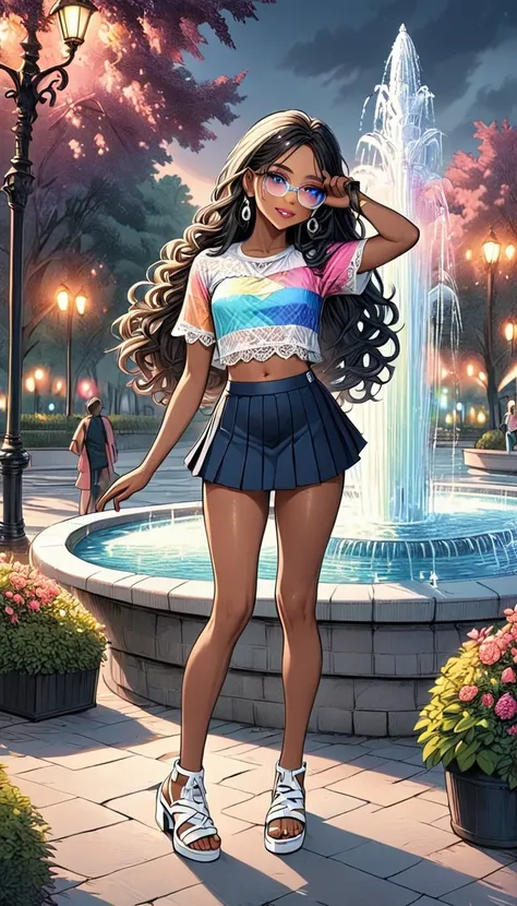 Trans woman, very short mini skirt, pleated, lace cropped top, genderbend, curly long hair, black hair, male to female, detailed face, beautiful detailed brown eyes, eye glasses, beautiful detailed lips, silver earrings, white high sandals, brown skin, ana...