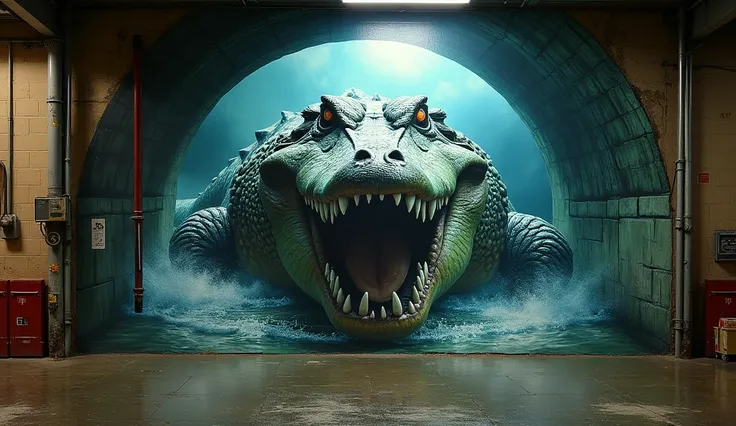 Trompe-l&#39;oeil mural of a giant crocodile emerging from a sewer，Dramatic shadow lighting，Lively and fun atmosphere，front view，Capture the focal length of the subject and the mural，Well-exposed image，Clarity,HD，超HD
