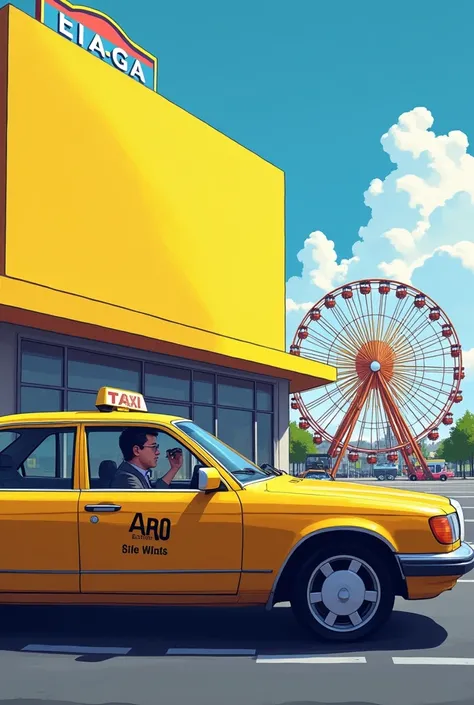 A taxi parked in front of a large yellow shopping mall. There is a colorful Ferris wheel on the right side of this shopping center, where is the parking lot. The taxi driver who is parked in this taxi is using his cell phone. 