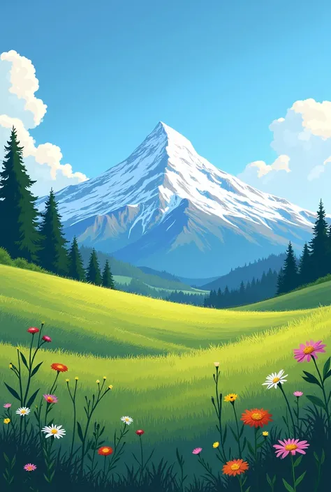 In Washington State, a snow-capped mountain looms majestically in the distance, its peak shimmering against the bright blue sky. In the foreground, a sprawling grassland stretches out, dotted with vibrant wildflowers that sway gently in the breeze. The lus...